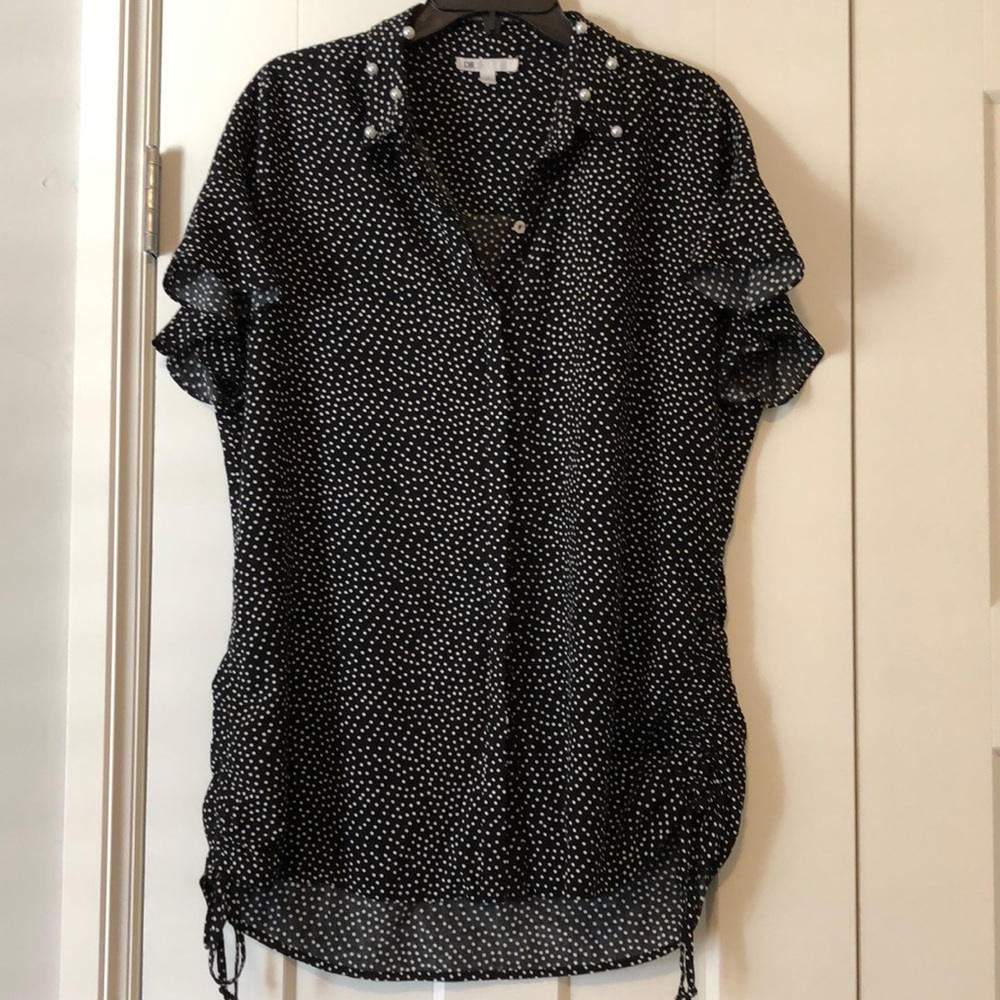 DR2 Polked Dot Short Sleeve Button Down with Ruffle Sleeve